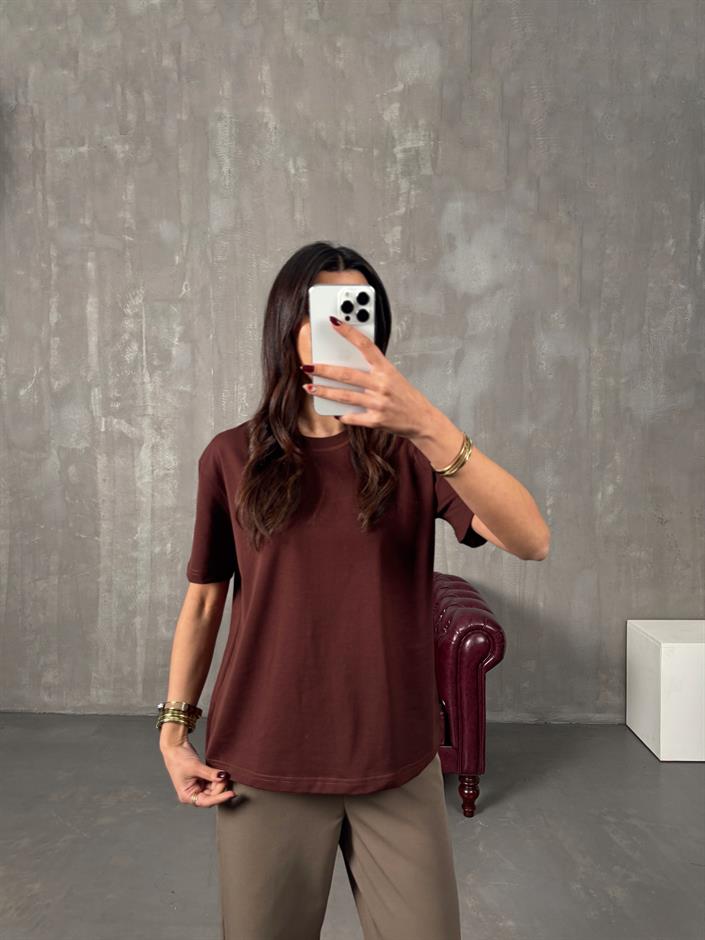 Tifi Kahve Bisiklet Yaka Basic Tshirt