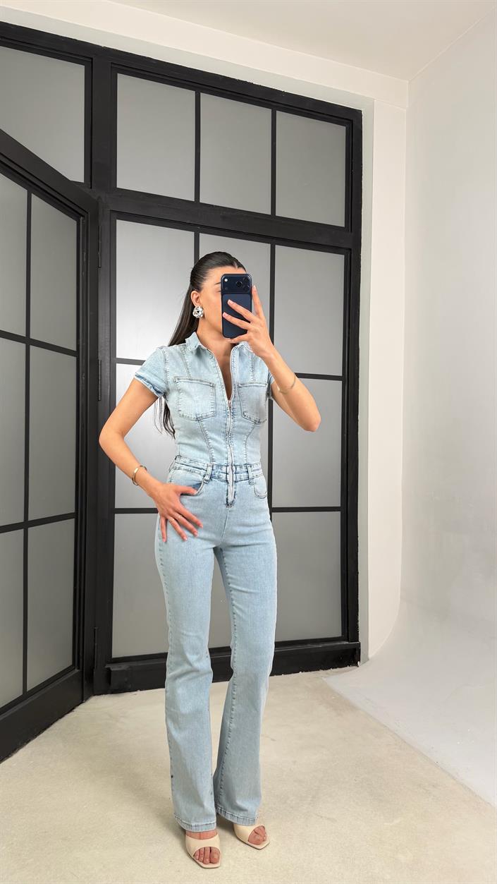 Açık Mavi İspanyol Paça Likralı Denim Tulum GAUS-01466