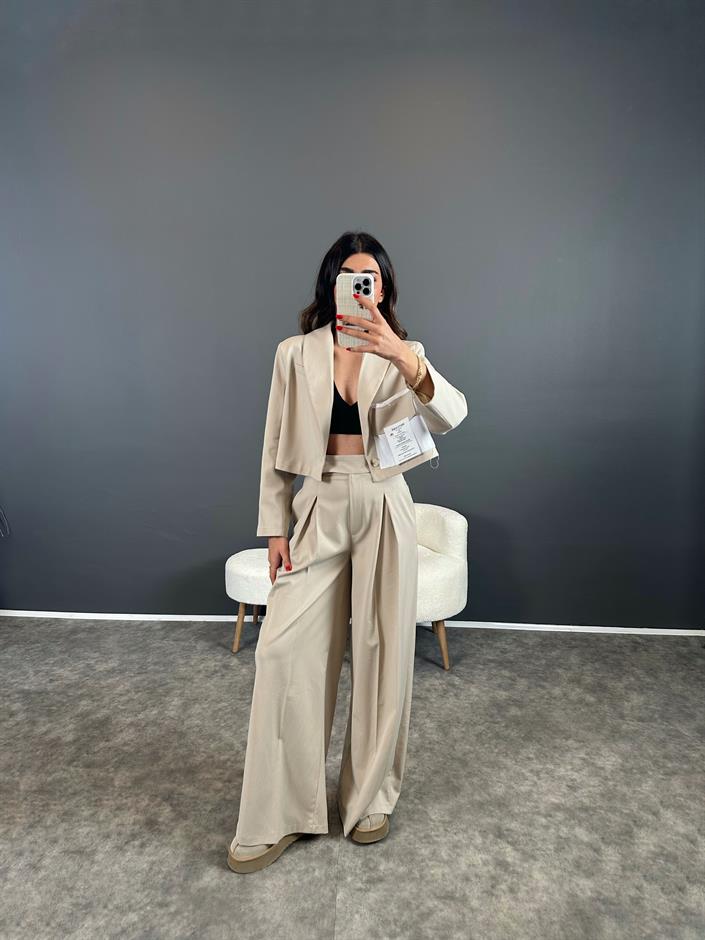 Ketrina Bej Tasarım Blazer Ceket İkili Takım 