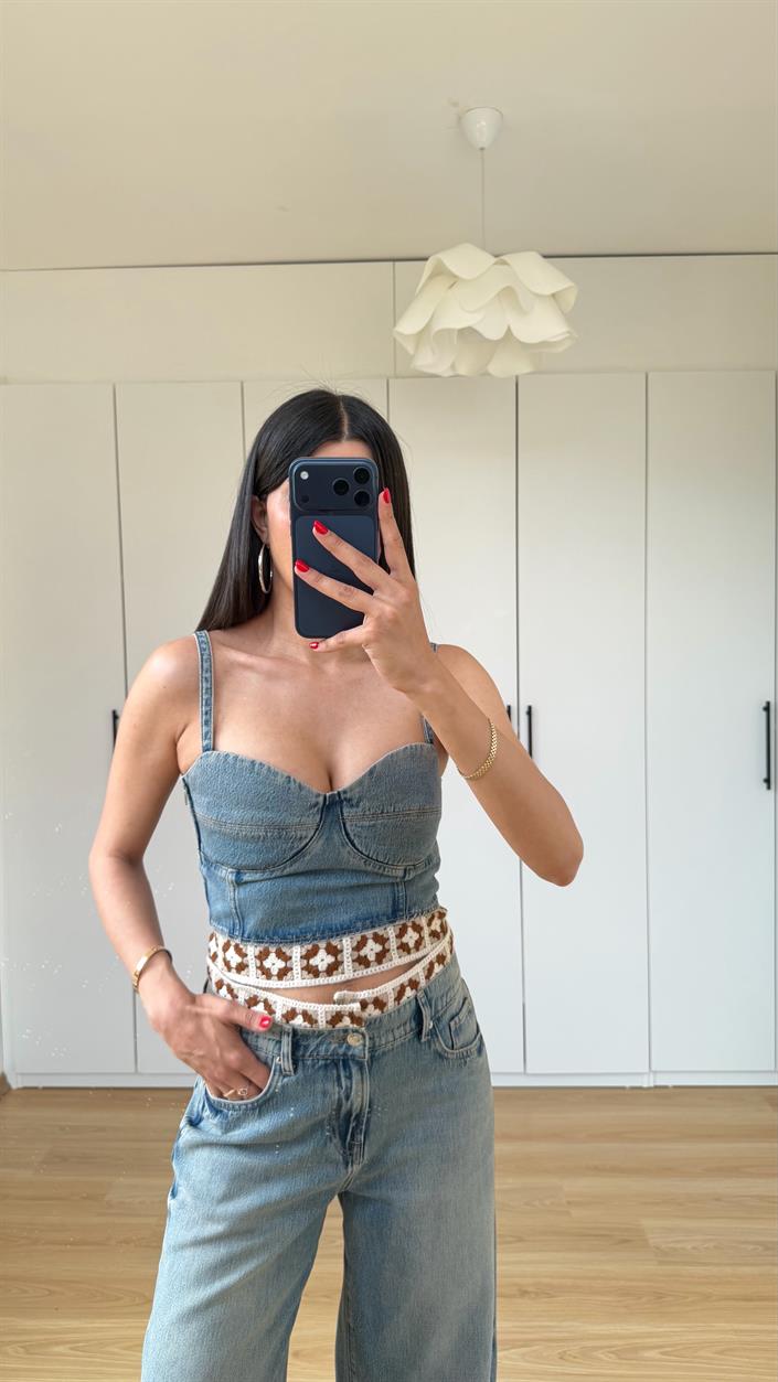 Mavi Nakış Detaylı Crop Pantolon İkili Denim Takım GAUS-01596