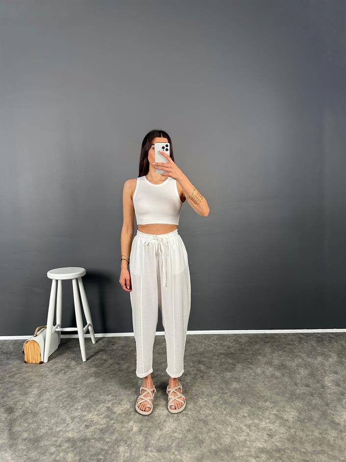 Dux Beyaz Beli Lastikli Şalvar Pantolon