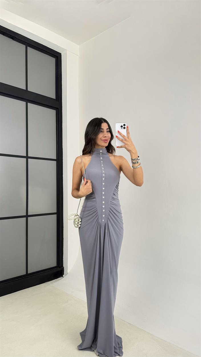 Gri Muadil Düğme Detaylı Halter Yaka Tasarım Elbise GAUS-0070