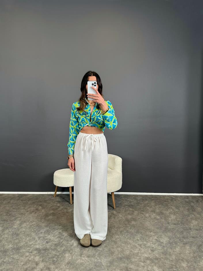 Nun Beyaz Keten Beli Lastikli Pantolon 
