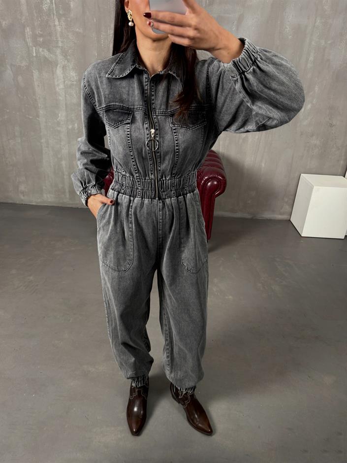 Setre Gri Yıkamalı Önden Fermuarlı Denim Tulum