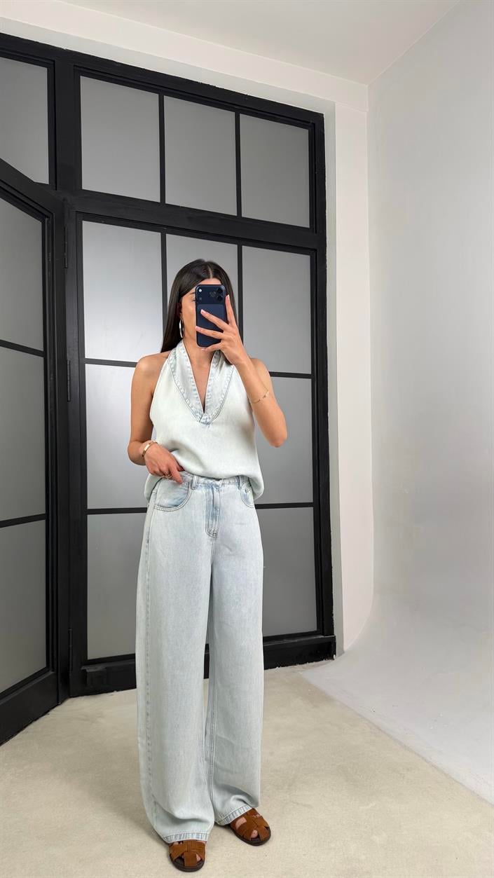 Buz Mavi Halter Yaka Tencel Denim Takım GAUS-01520