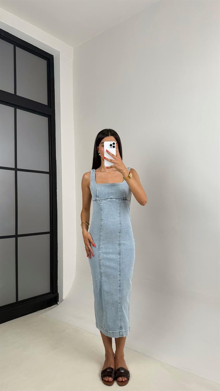 Buz Mavisi Yırtmaç Detaylı Denim Elbise Gaus00693