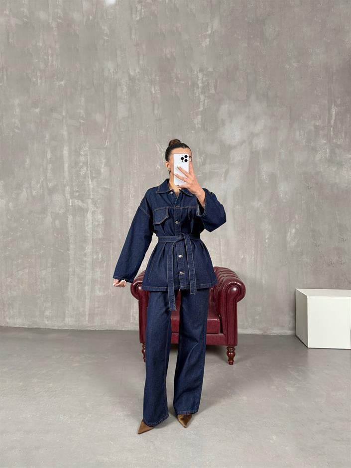 Mingo Lacivert Kuşaklı Tasarım Denim Takım