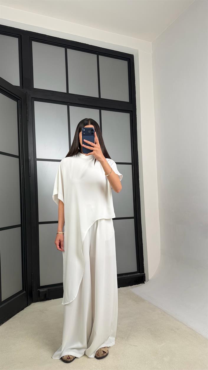 Beyaz Asimetrik Bluz Beli Lastikli Pantolon İkili Tasarım Takım GAUS-01490
