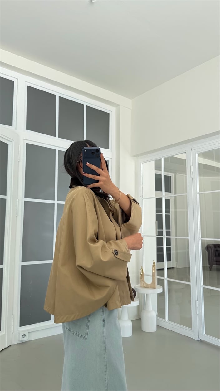 Camel Kadife Yaka Astarlı Pelerin Trençkot GAUS-01907