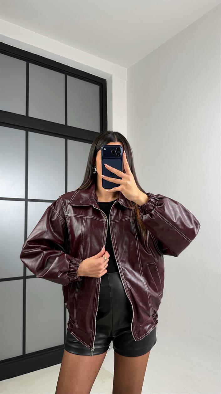 Bordo Dikiş Detaylı Astarlı Deri Ceket GAUS-00908