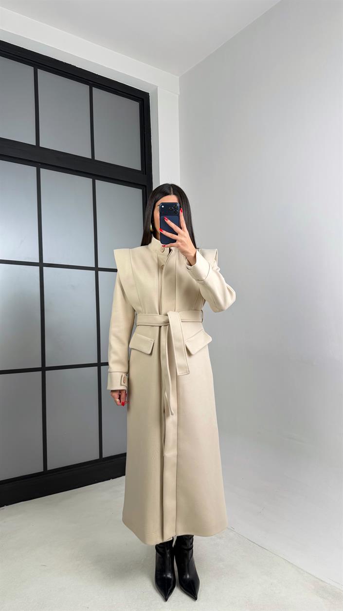 Taş Astarlı Kuşaklı Cep Detaylı Premium Kaşe Kaban GAUS-00963