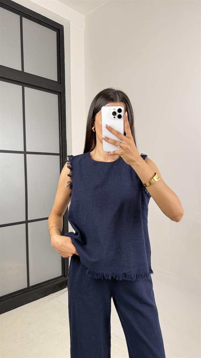 Lacivert Püskül Detaylı Bluz Beli Lastikli Cepli Pantolon Keten Takım Gaus00646 