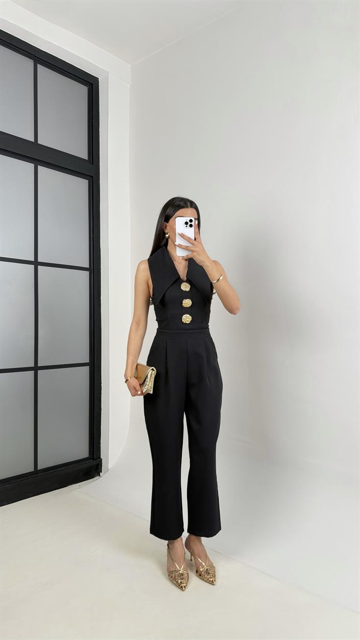 Siyah Yaka Detaylı Gold Düğmeli Cepli Tasarım Tulum Gaus00452