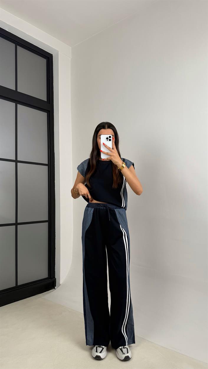 Siyah Denim Detaylı Şeritli İkili Takım GAUS-0050