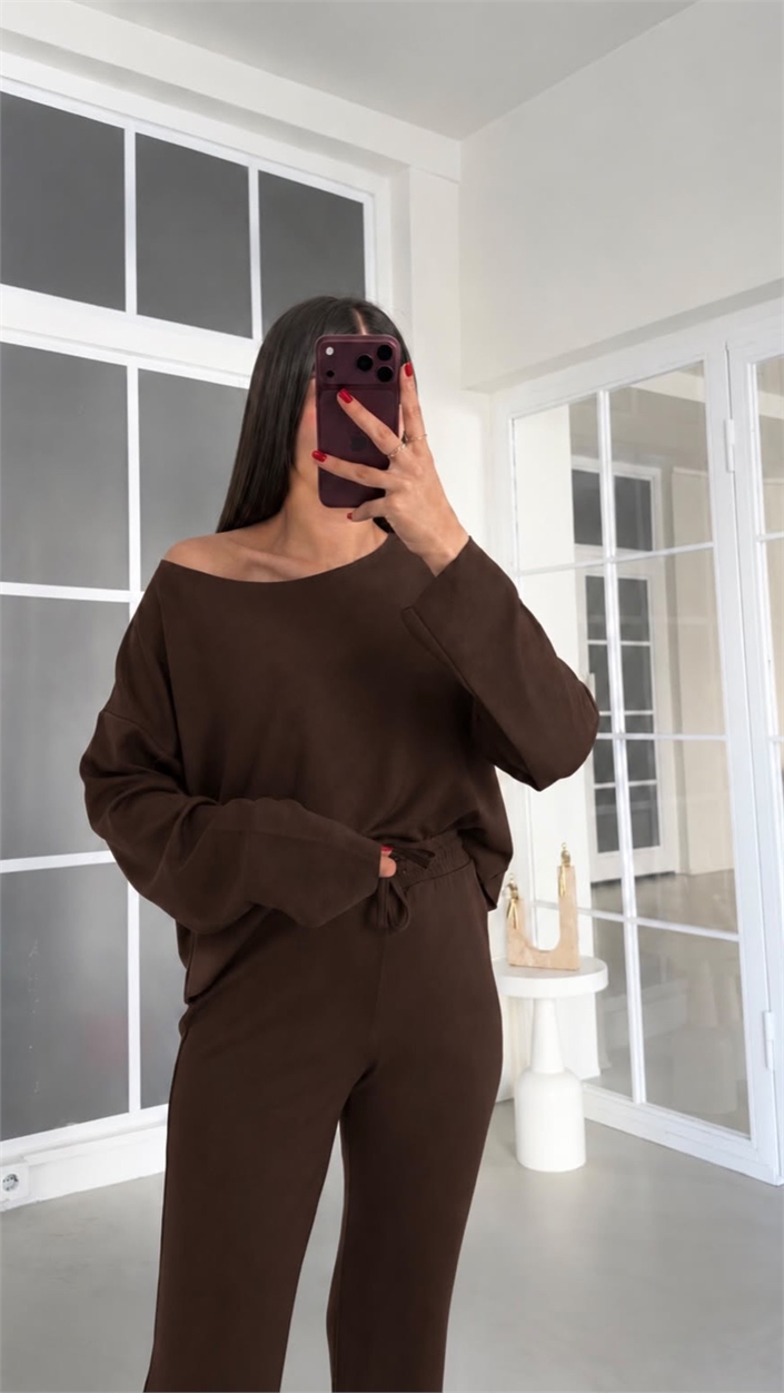 Acı Kahve Kayık Yaka Bluz Beli Lastikli Pantolon İkili Modal Takım GAUS-02168