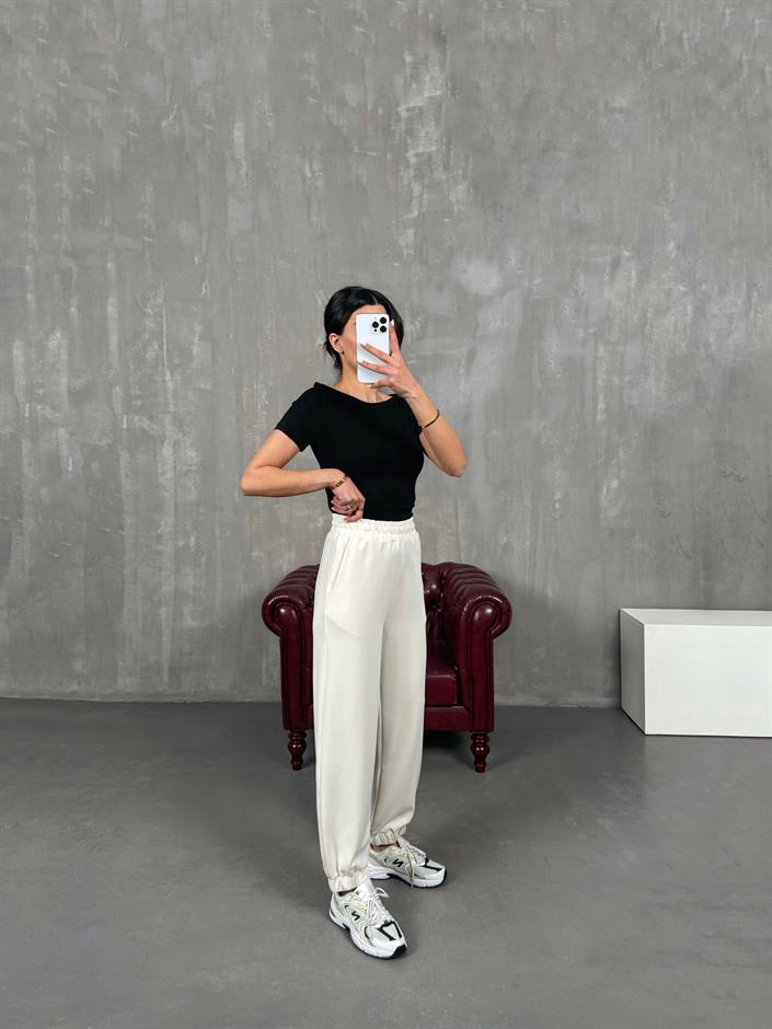 İsolde Ekru Paça Lastikli Premium Modal Kumaş Pantolon