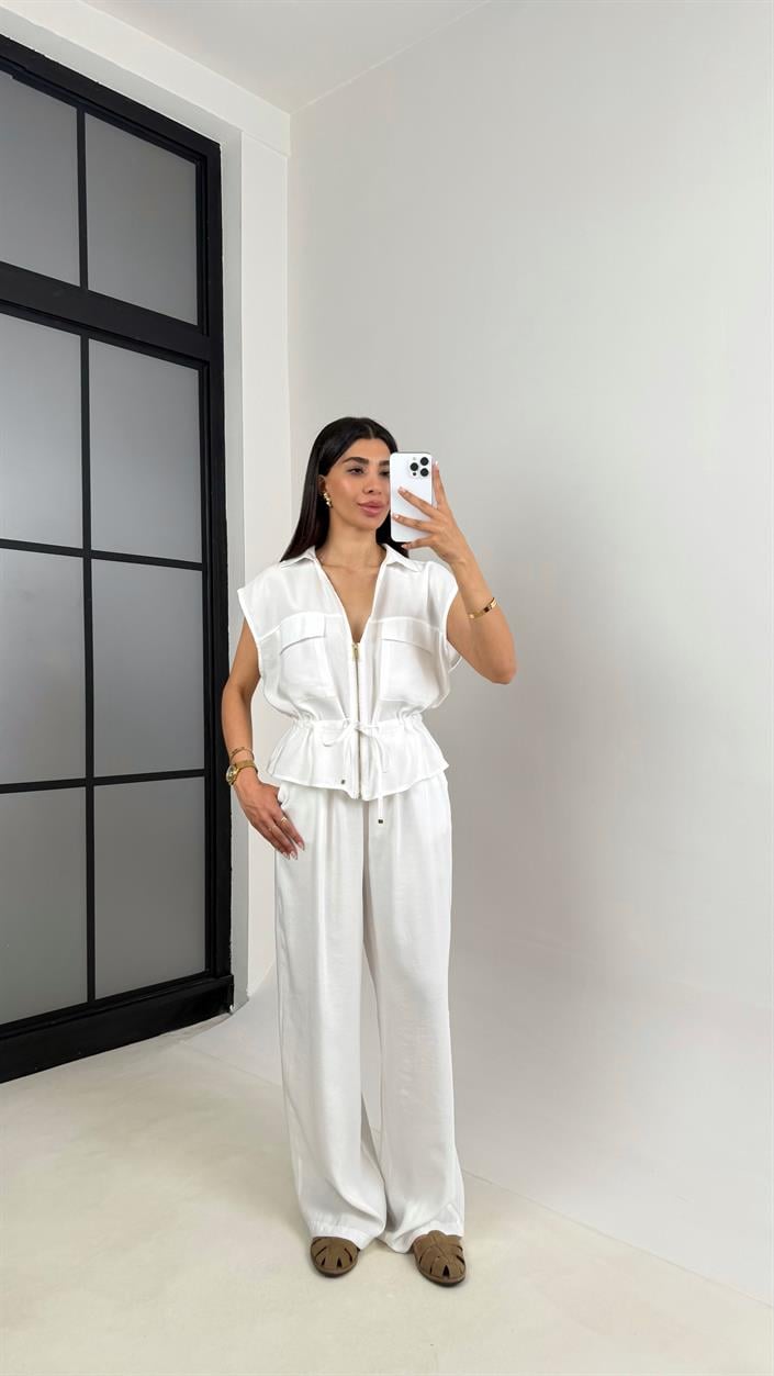 Beyaz Cepli Bağlamalı Yelek Beli Lastikli Pantolon İkili Tencel Takım Gaus00546