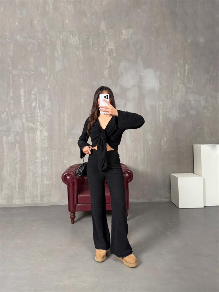 Bianca Siyah Önden Bağlamalı Hırka Pantolon Tasarım Takım