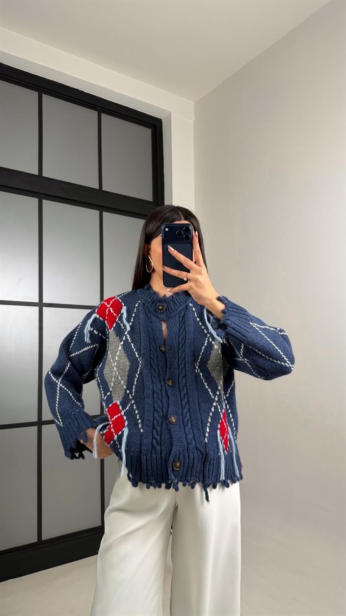 Lacivert Baklava Desenli Saçaklı Hırka GAUS-01125