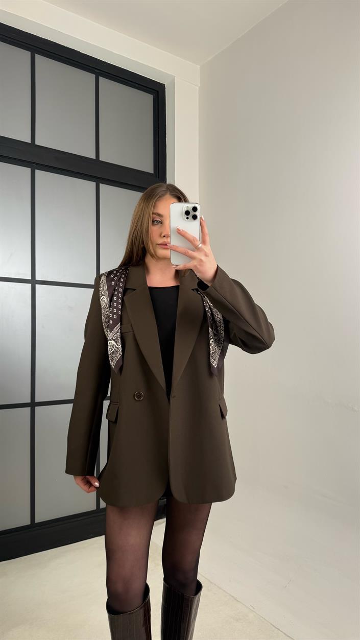 Acı Kahve Astarlı Vatkalı Fular Detaylı Blazer Ceket GAUS-00976
