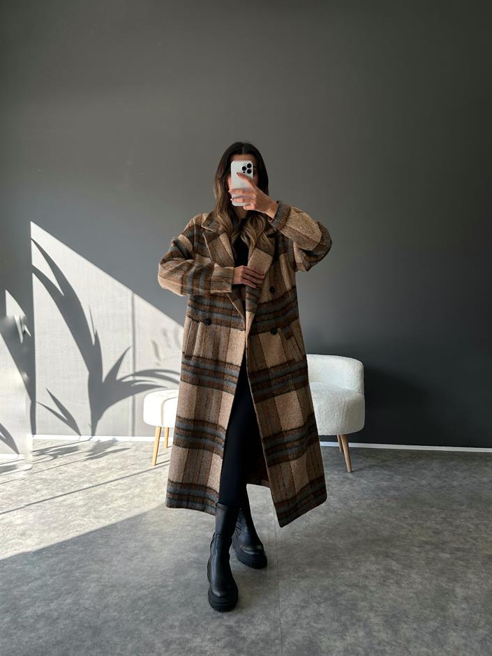 Premium Kahve Ekose Astarlı Uzun Kaban