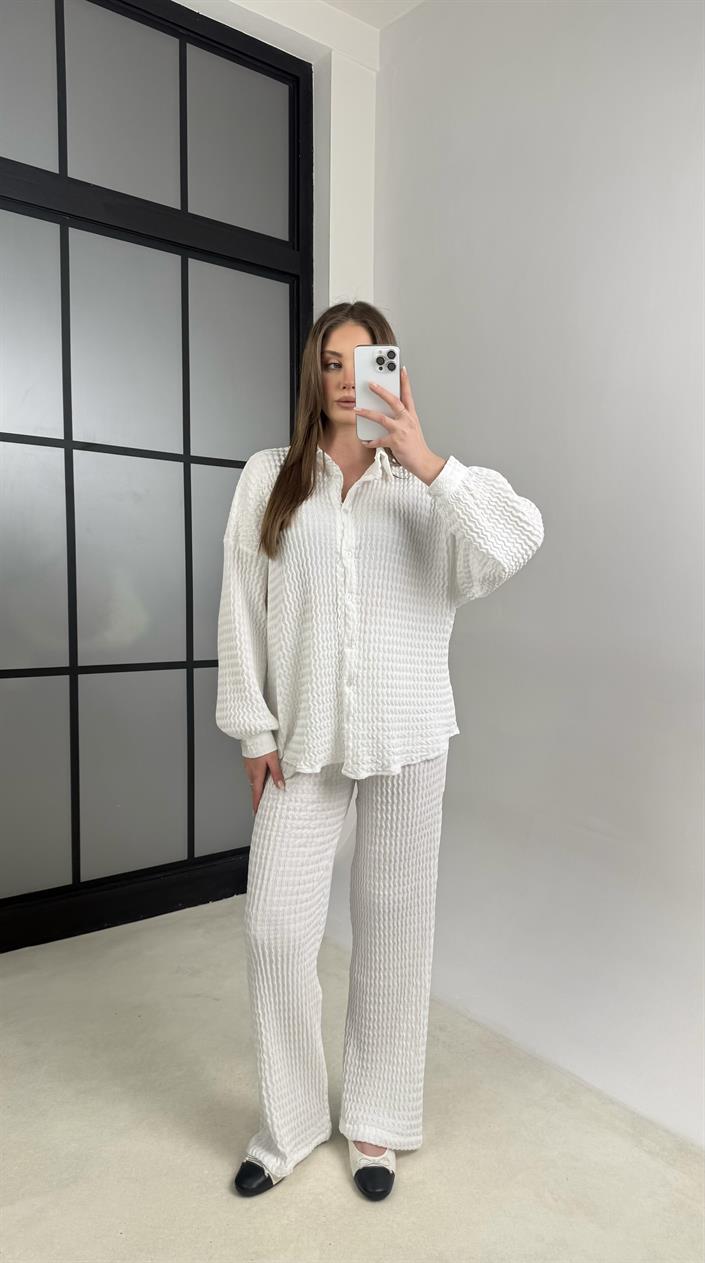 Beyaz Gömlek Beli Lastikli Pantolon İkili Bürümcük Takım GAUS-01089
