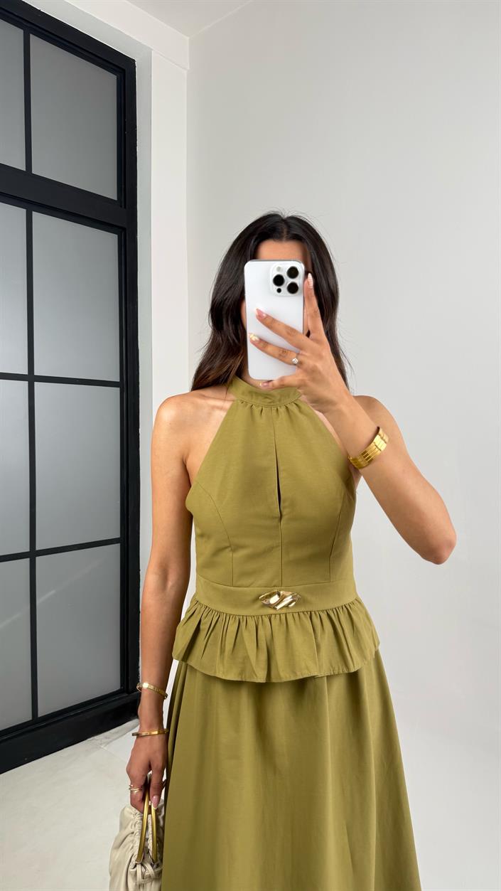 Yeşil Gold Toka Detaylı Bluz Beli Lastikli Etek İkili Takım Gaus00678