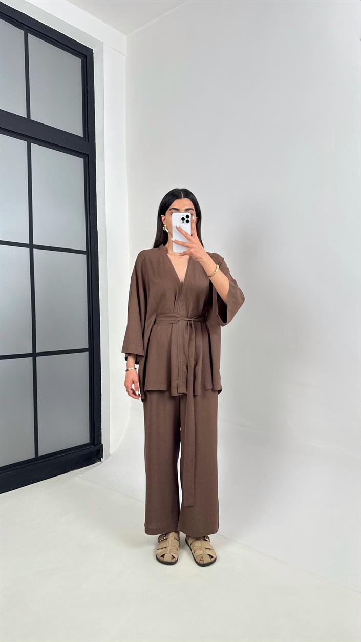 Kahve Kuşaklı Kimono Beli Lastikli Cepli Pantolon Keten Takım Gaus00397