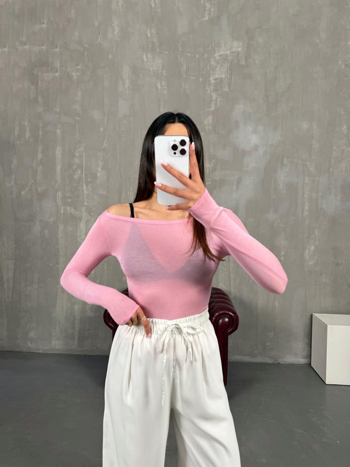 Pembe Transparan Kaşmir Dokulu Bluz Gaus00272