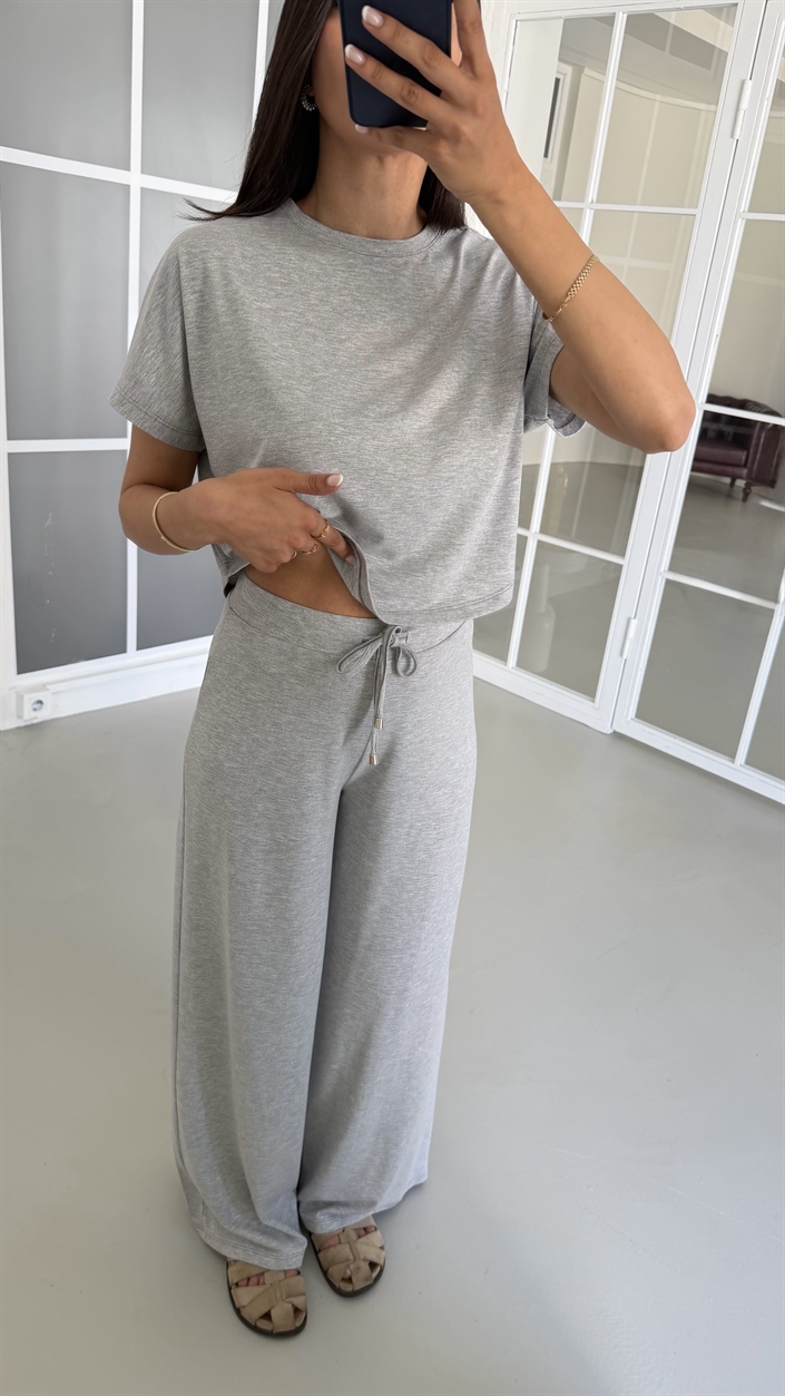 Gri Bluz Beli Lastikli Pantolon İkili Basic Takım GAUS-01712