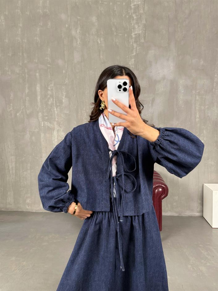 Selene Lacivert Bağlamalı Üst Etek Denim Takım
