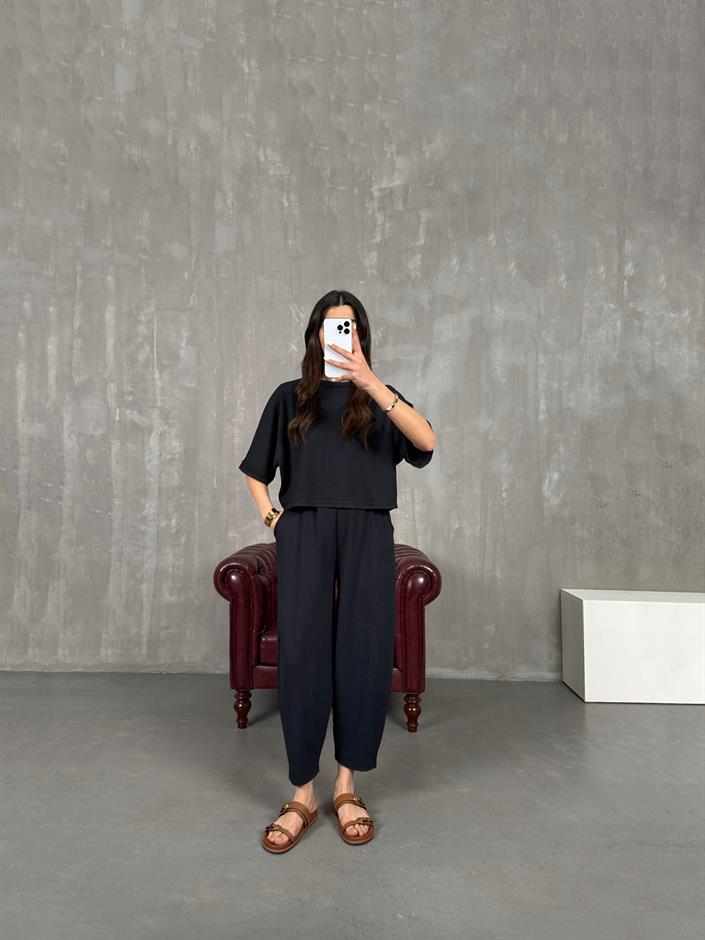 Siyah Bisiklet Yaka Tshirt Pantolon Basic Yıkamalı Modal Takım Gaus00143