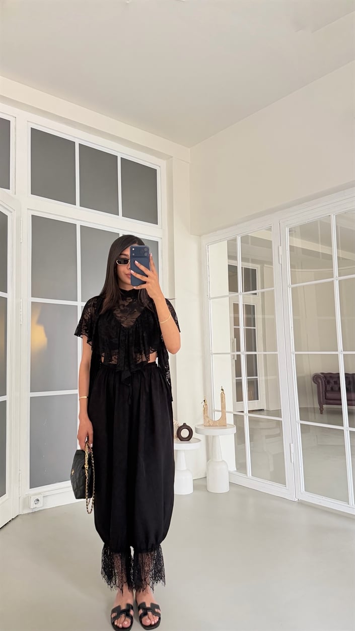 Siyah Beli Lastikli Dantel Detaylı Pinterest Şalvar GAUS-01763