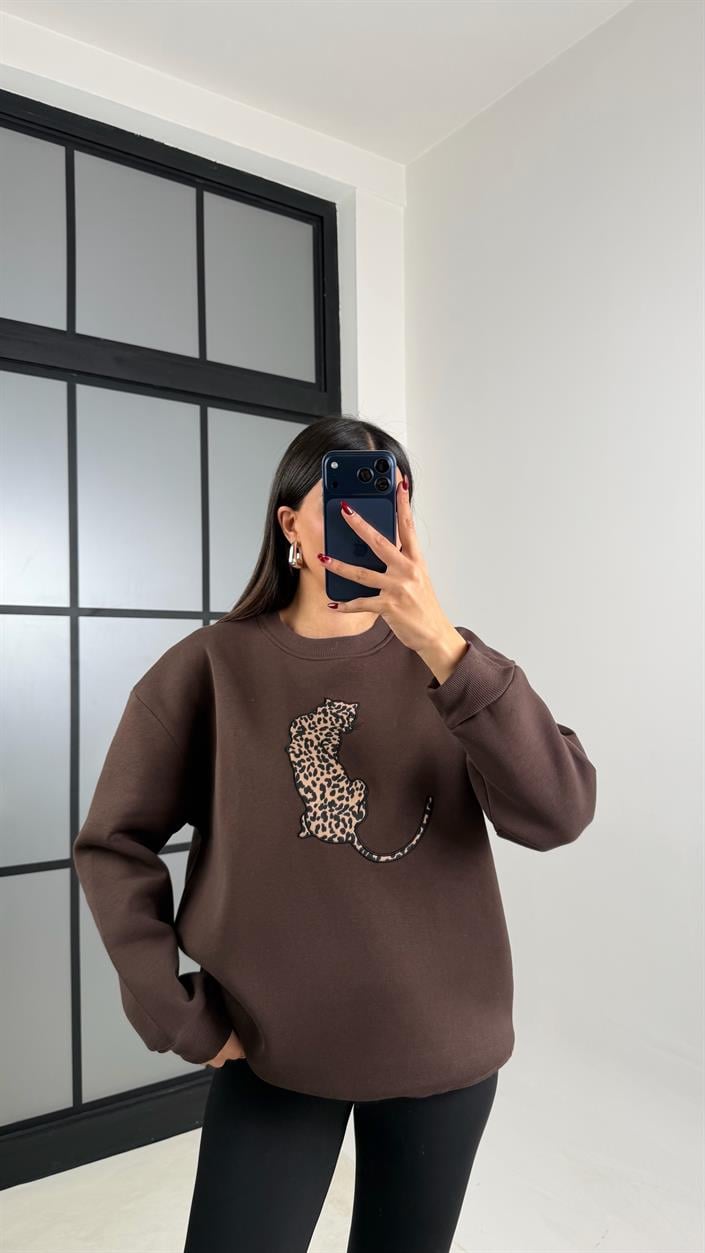 Acı Kahve Leopar Nakışlı Şardonlu Sweatshirt GAUS-00796
