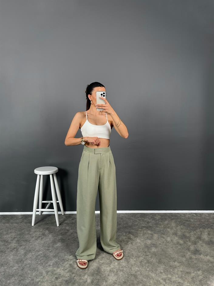 Bonum Soft Yeşil Cırt Bantlı Keten Pantolon