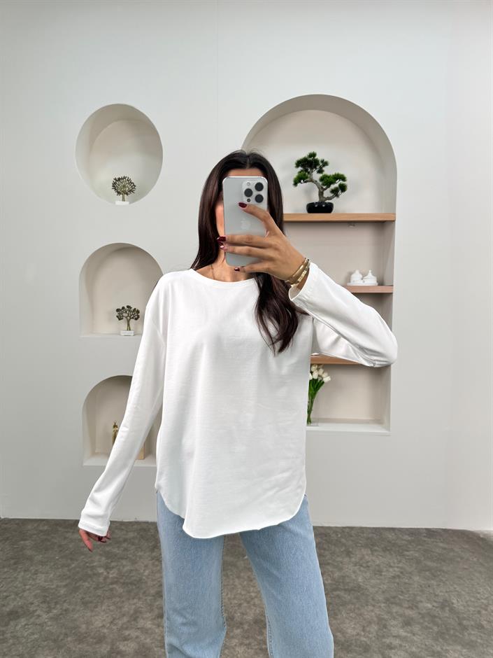 May Beyaz Bisiklet Yaka Uzun Kollu Penye Bluz