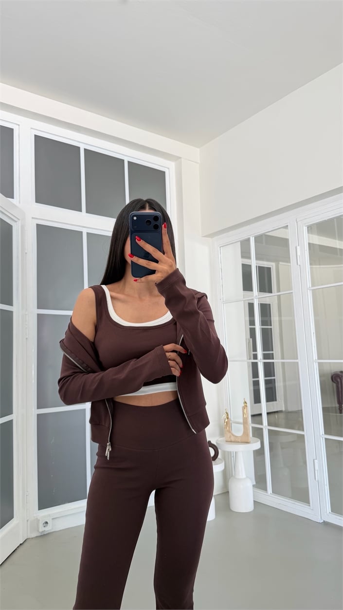 Kahve Hırka Crop Beli Lastikli Pantolon 3lü Basic Takım GAUS-01889