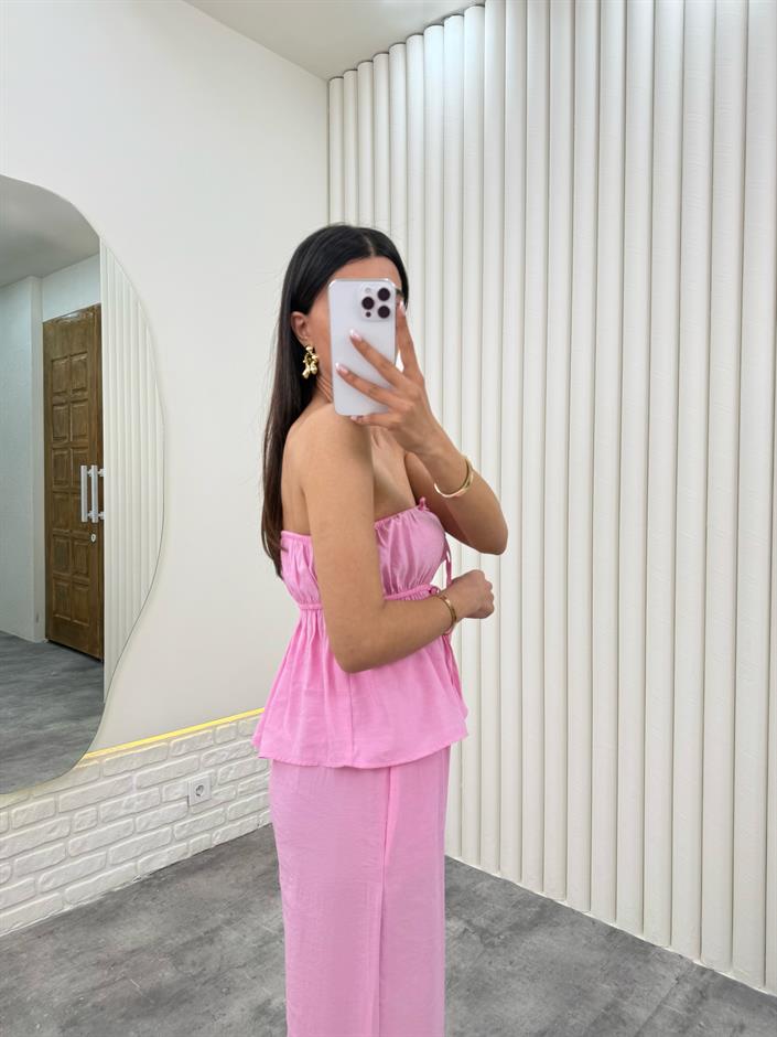 Pembe Straplez Yırtmaçlı Üst İkili Tensel Takım Gaus00275