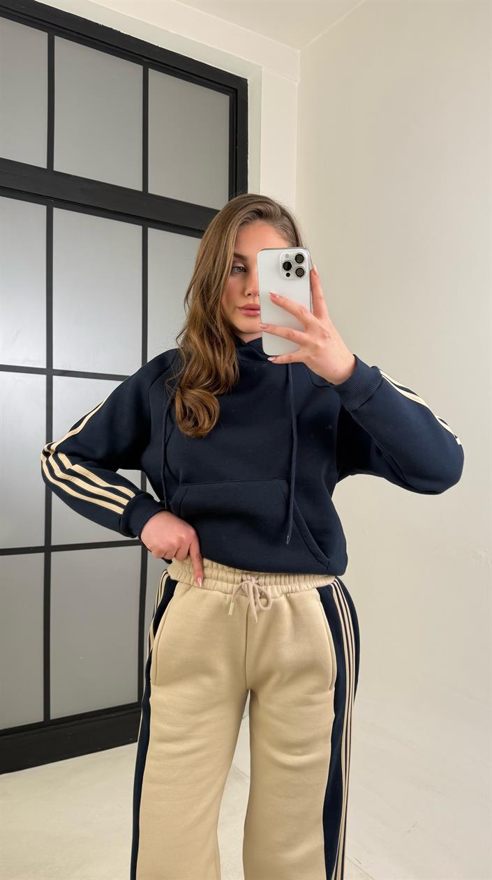 Lacivert Şerit Detaylı Sweatshirt Beli Lastikli Eşofman Şardonlu Takım GAUS-01073
