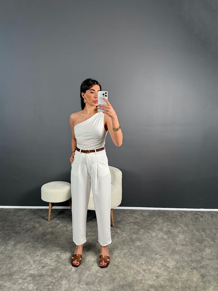 Beyaz ZR Muadil Kemerli Pantolon