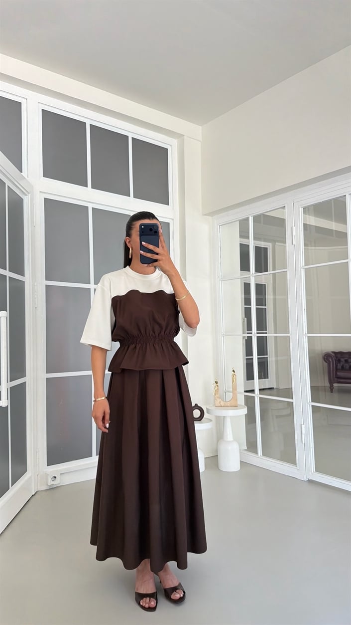 Kahve TWST Model Beli Lastikli Bluz Etek İkili Takım GAUS-01768