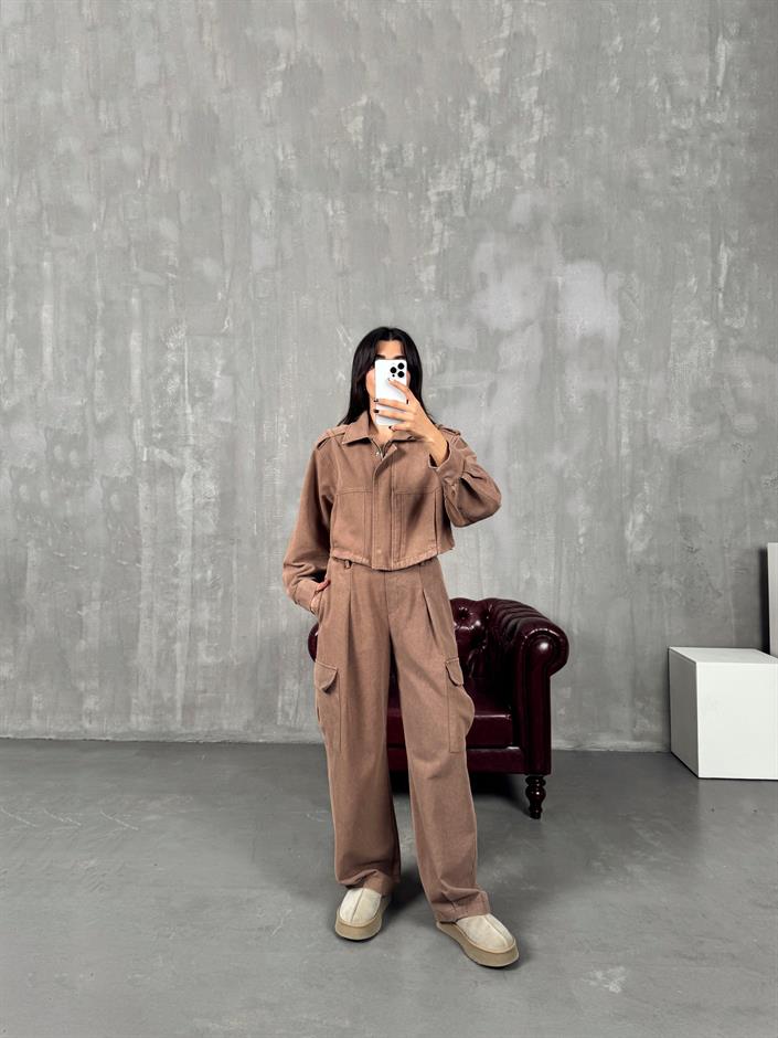 Blom Kahve Gabardin Beli Lastikli Cepli İkili Takım