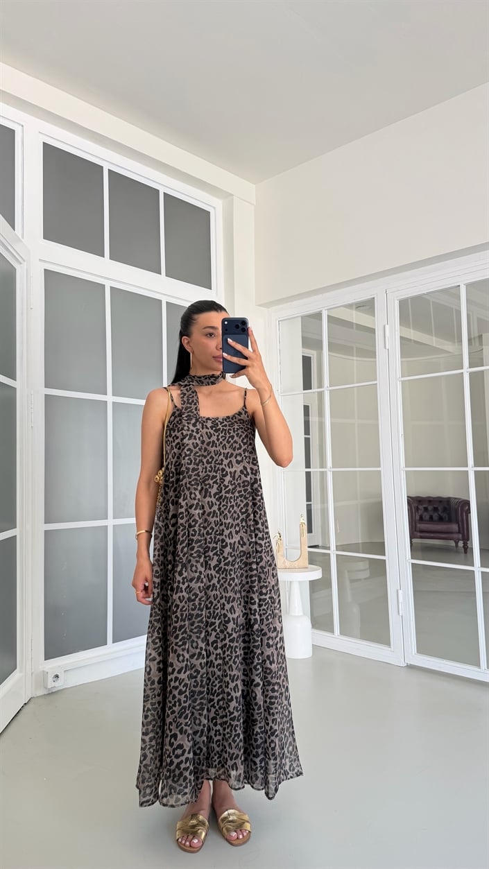 Leopar Fularlı Ayarlanabilir Askılı Astarlı Elbise GAUS-01682