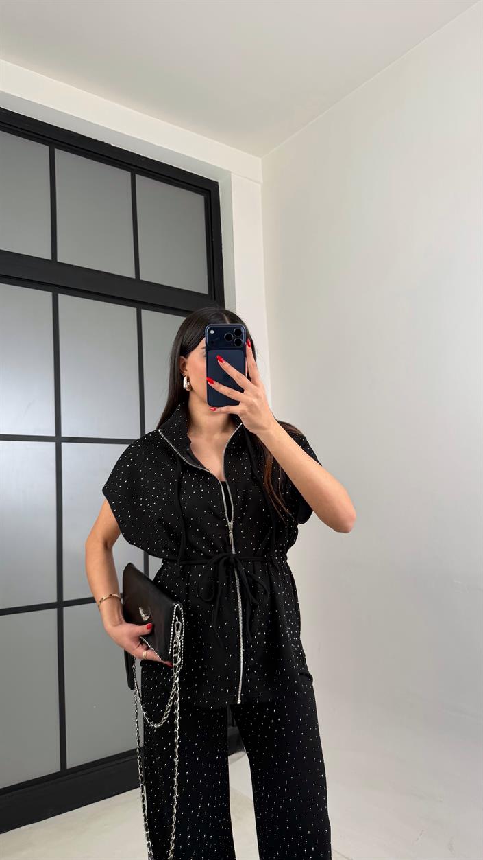 Siyah Beli Lastikli Hırka Pantolon Taşlı Modal Takım GAUS-01064