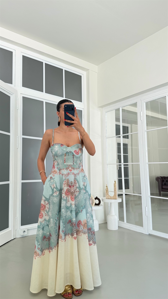 Çok Renkli Ayarlanabilir Askılı Desenli Pinterest Elbise GAUS-01852