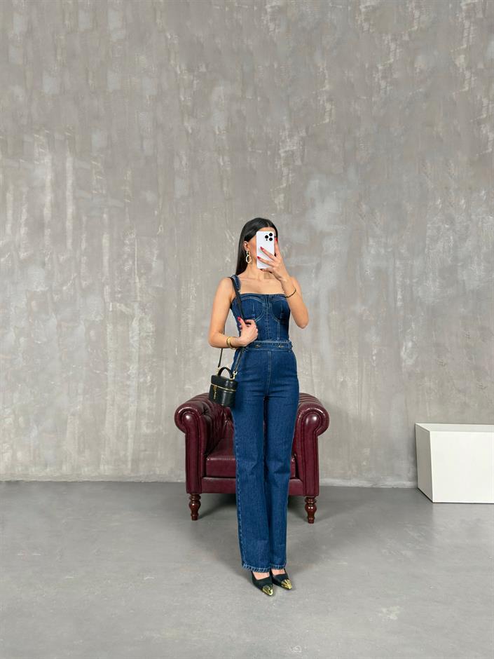 Mavi Kemer Detaylı Ayarlanabilir Askılı Fermuarlı Denim Tulum Gaus00163