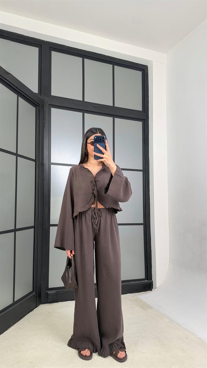 Acı Kahve Önden Bağlamalı Gömlek Beli Lastikli Pantolon İkili Tencel Takım GAUS-01336