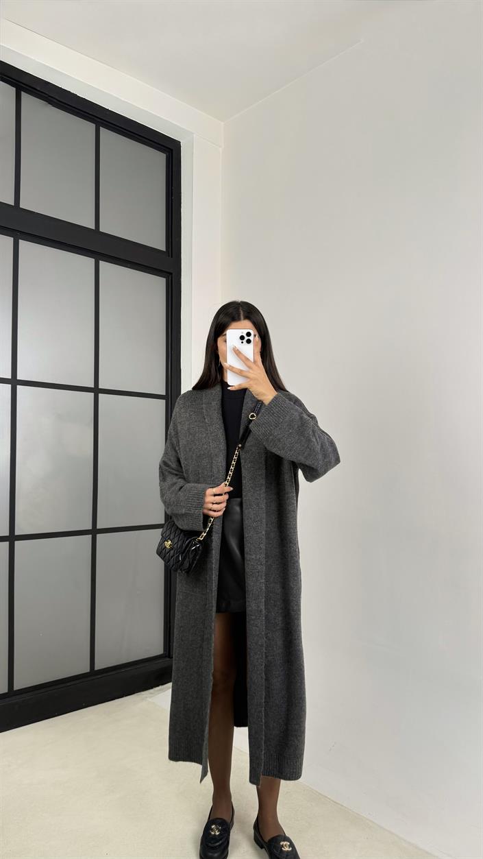 Antrasit Uzun Premium Triko Hırka GAUS-00116