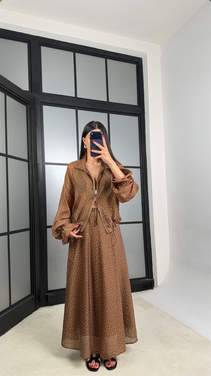 Taba Hırka Beli Lastikli Astarlı Etek Puantiye Desenli Takım GAUS-01550