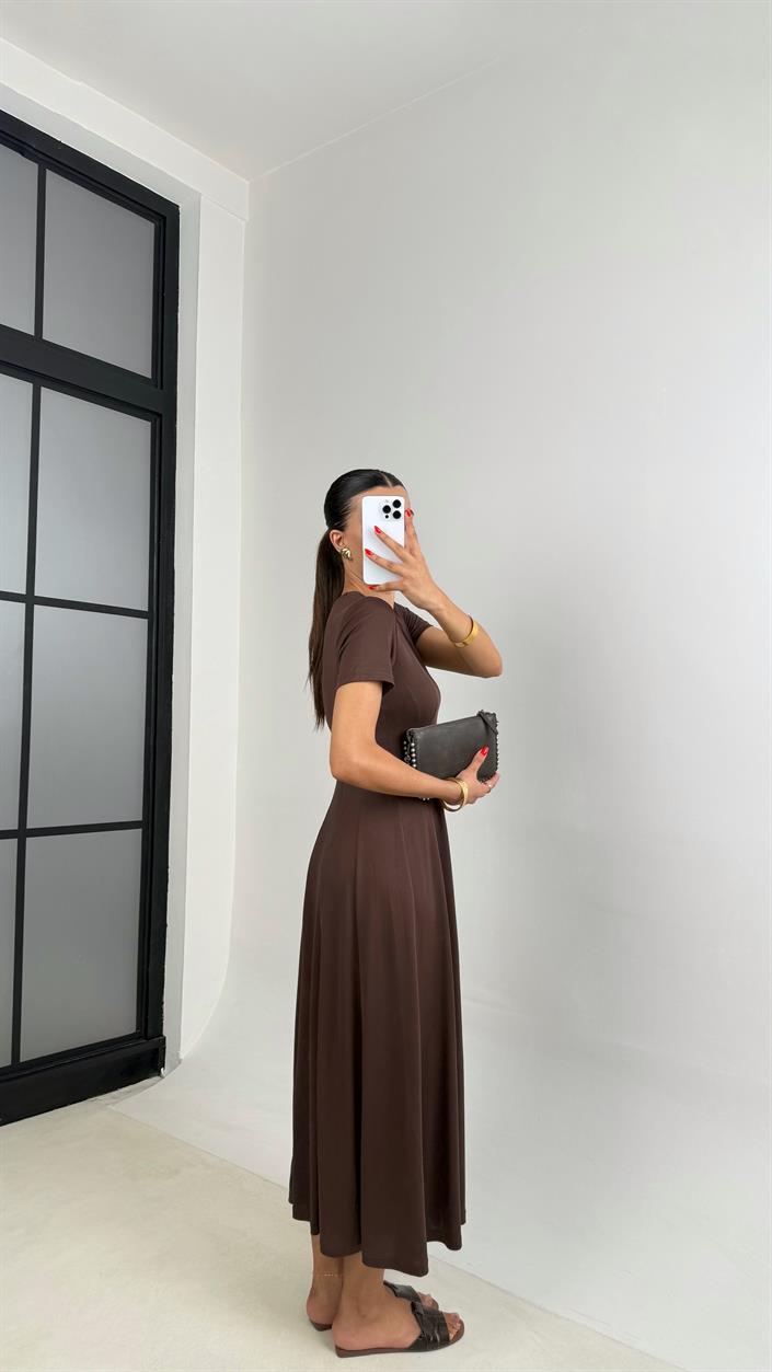 Kahve Oysh Muadil Fermuarlı Modal Kumaş Elbise GAUS-0035